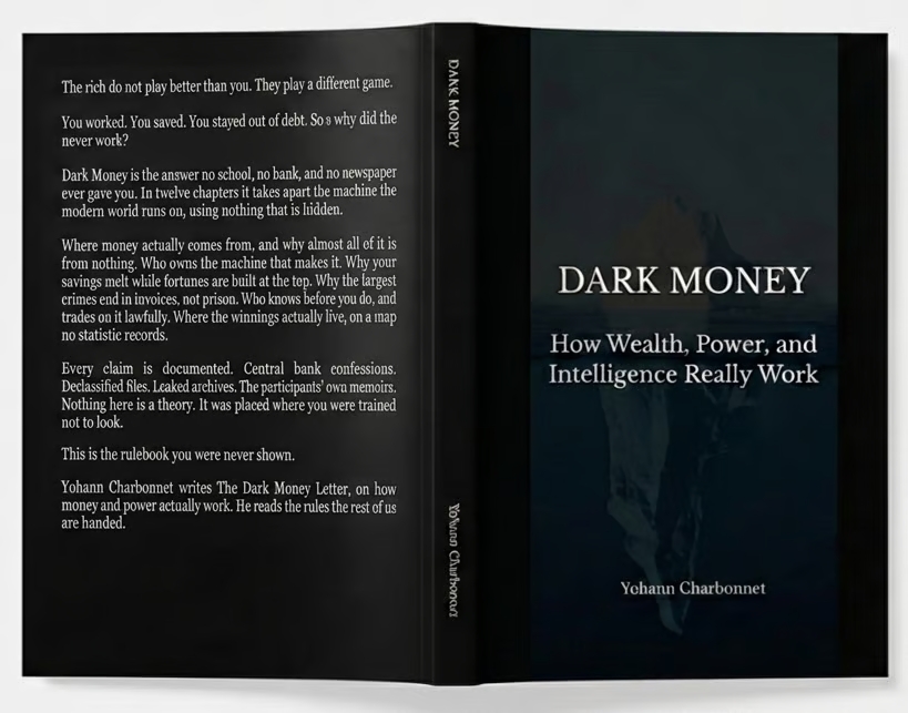 Dark Money: the paperback, front cover, spine and back cover.